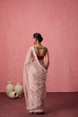 Cozy pink organza bullion & kaatha work embroidered saree comes with unstitched & unembroidered blouse fabric in chanderi
