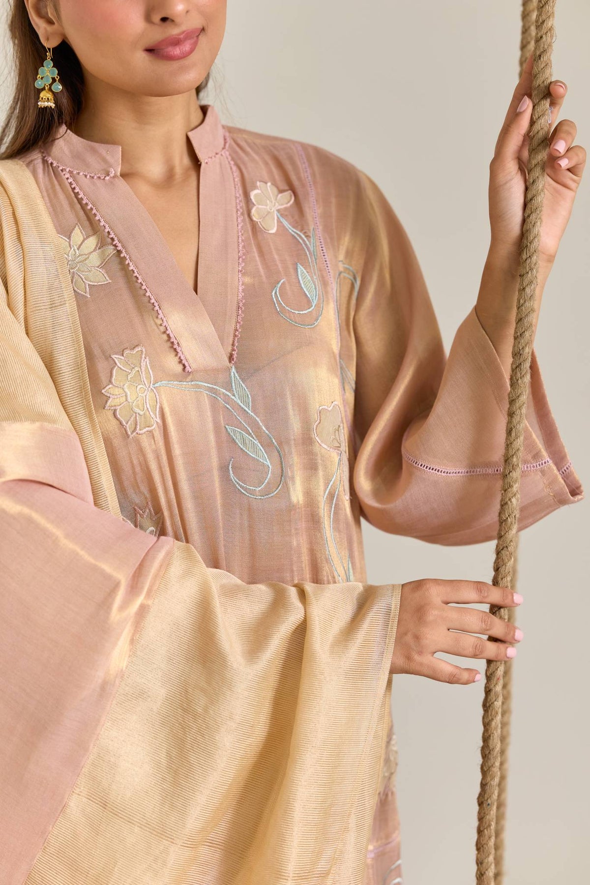 Blush Mint Applique Embroidered Tissue Kurta Set - Set of 2