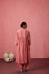 Peach chanderi resham embroidered kurta paired with organic cotton slip, pant & Chanderi dupatta
