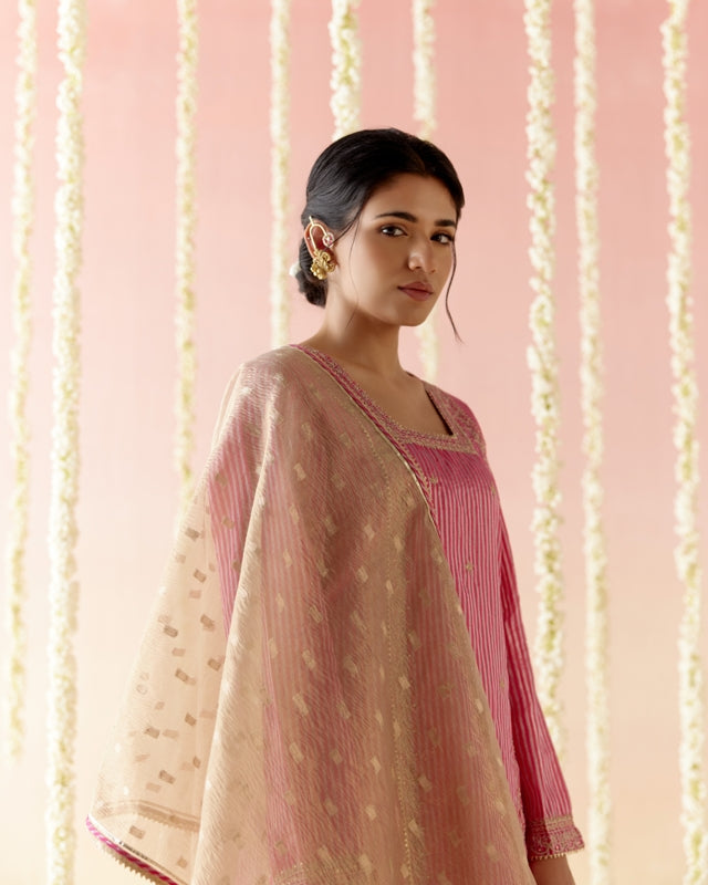 Fuchsia Rose Tissue Kurta with 
Narrow Pants & Dupatta - Set of 3