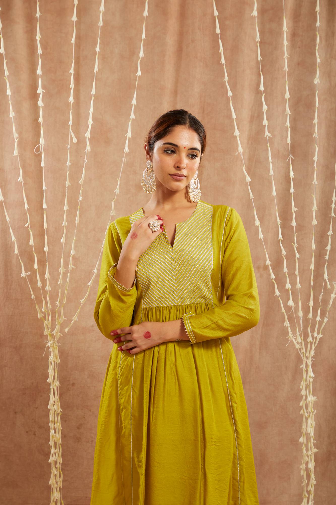 Olive Diagonal Yoke Kurta with Narrow Pants