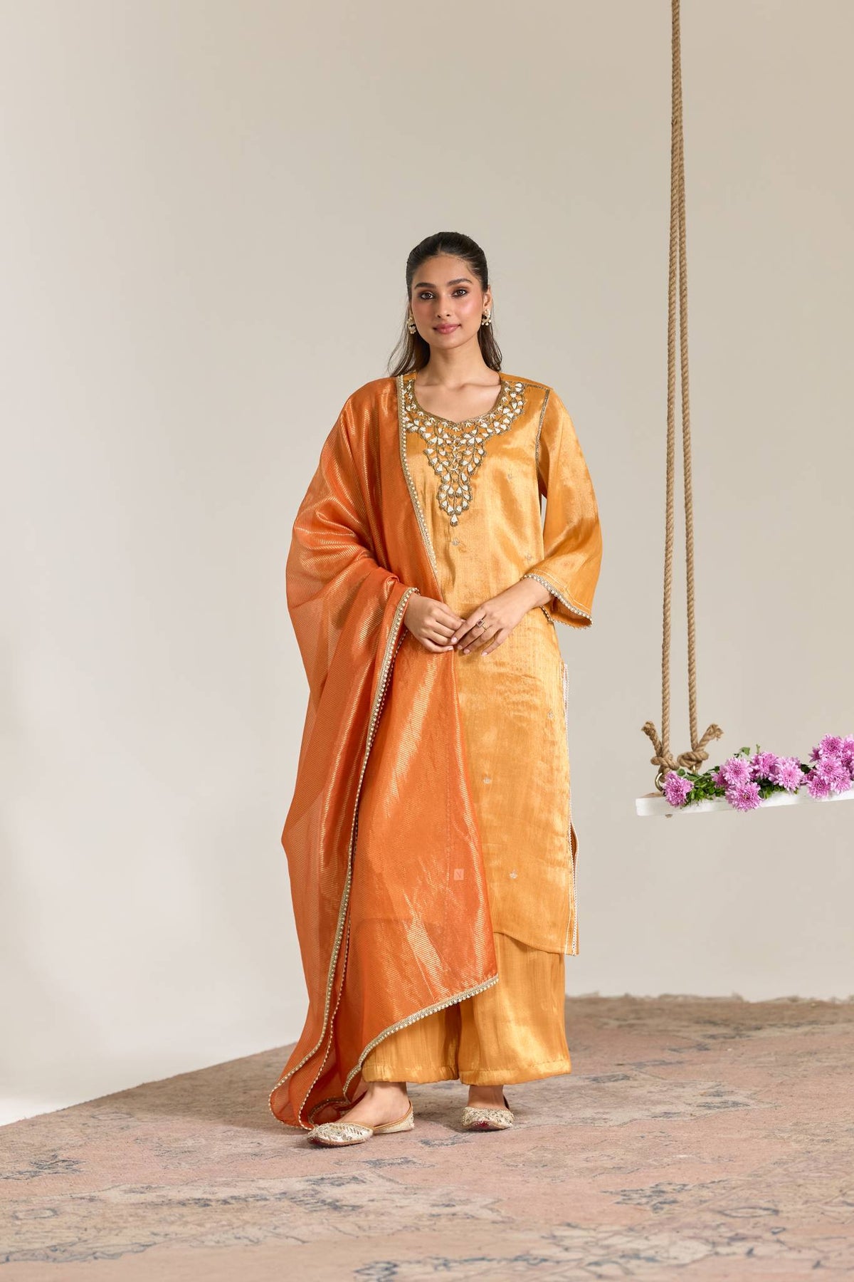 Orange Pearl Zari Embroidered Tissue Kurta Set - Set of 2