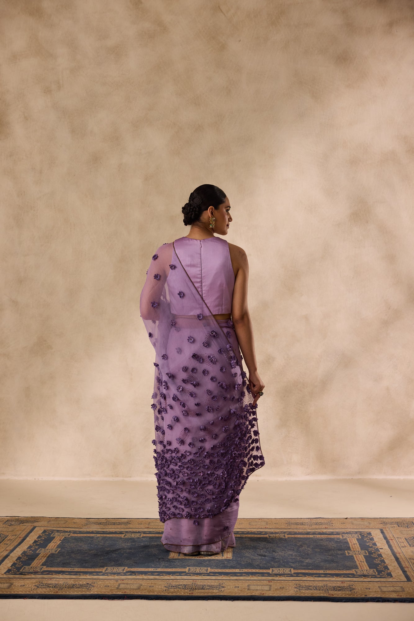 Lilac organza satin flower and beads embroidered saree comes with unstitched & unembroidered blouse fabric in chanderi