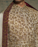 Sand Grey Linen Silk Embriodered Sherwani Set