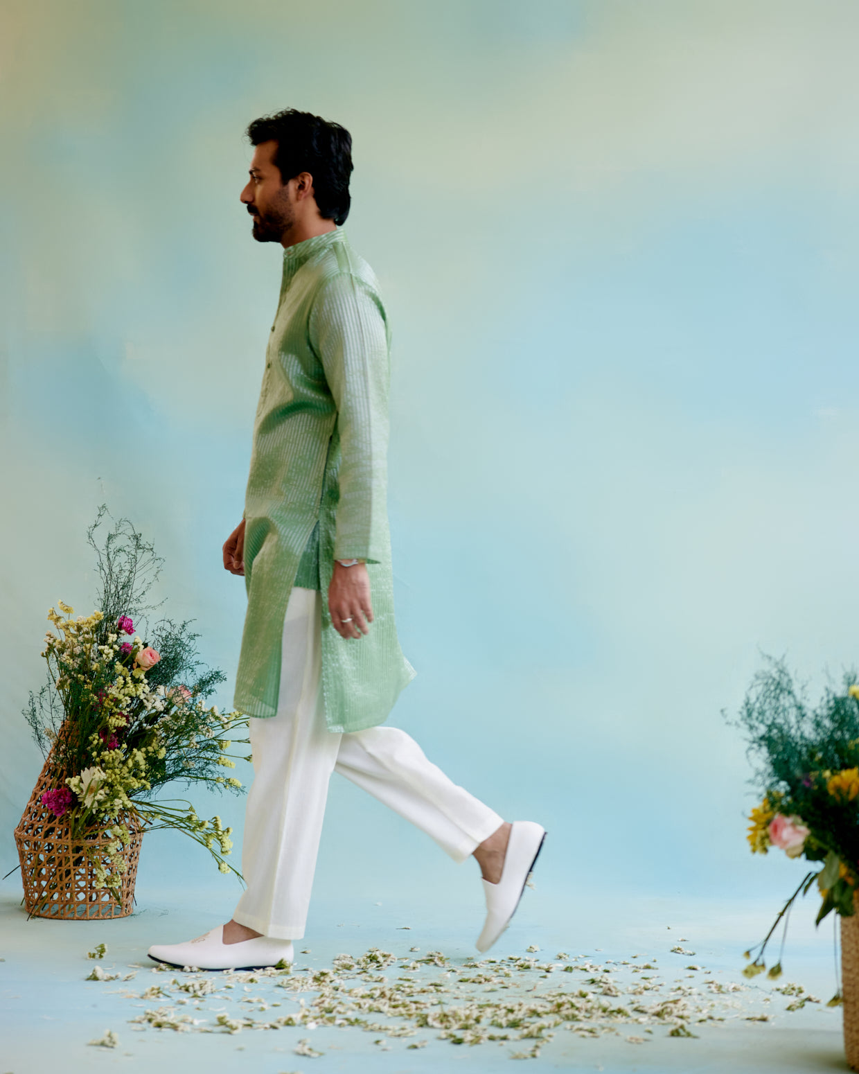 Mint Meadow Crushed Stripe Tissue Kurta