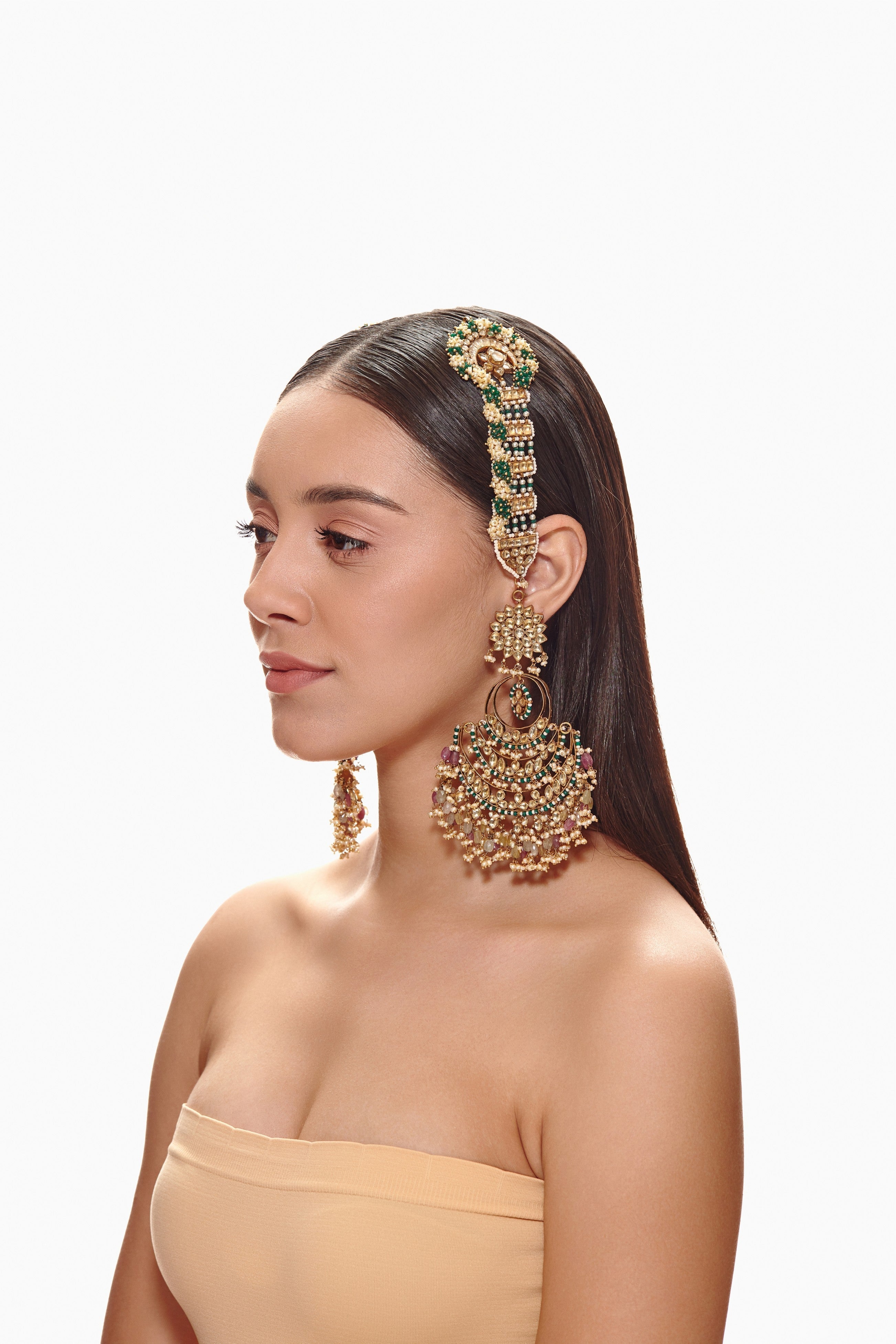 Multi sapphire pearl kundan chaandbali earrings