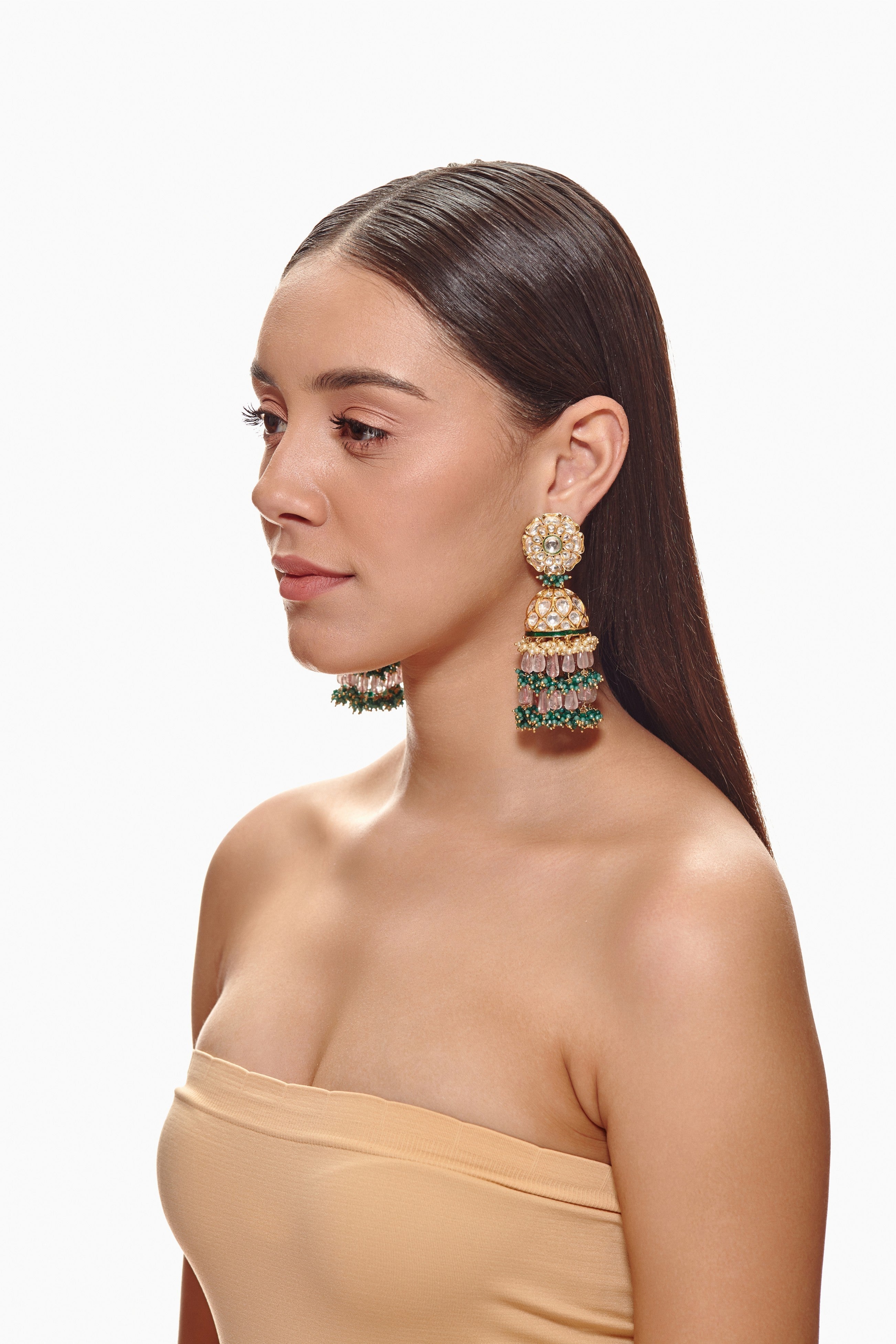 Pink, Green and Gold Kundan Jhumkas