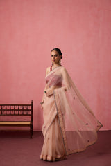 Cozy Peach organza buti embroidered saree comes with unstitched & unembroidered blouse fabric in chanderi