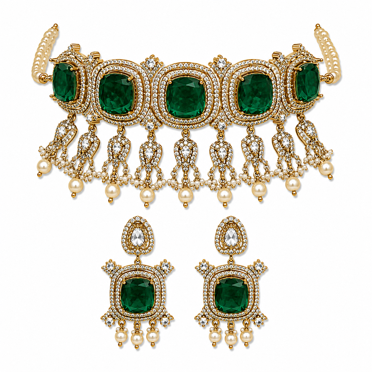 Emerald Green Moissanite Pearl Choker Set