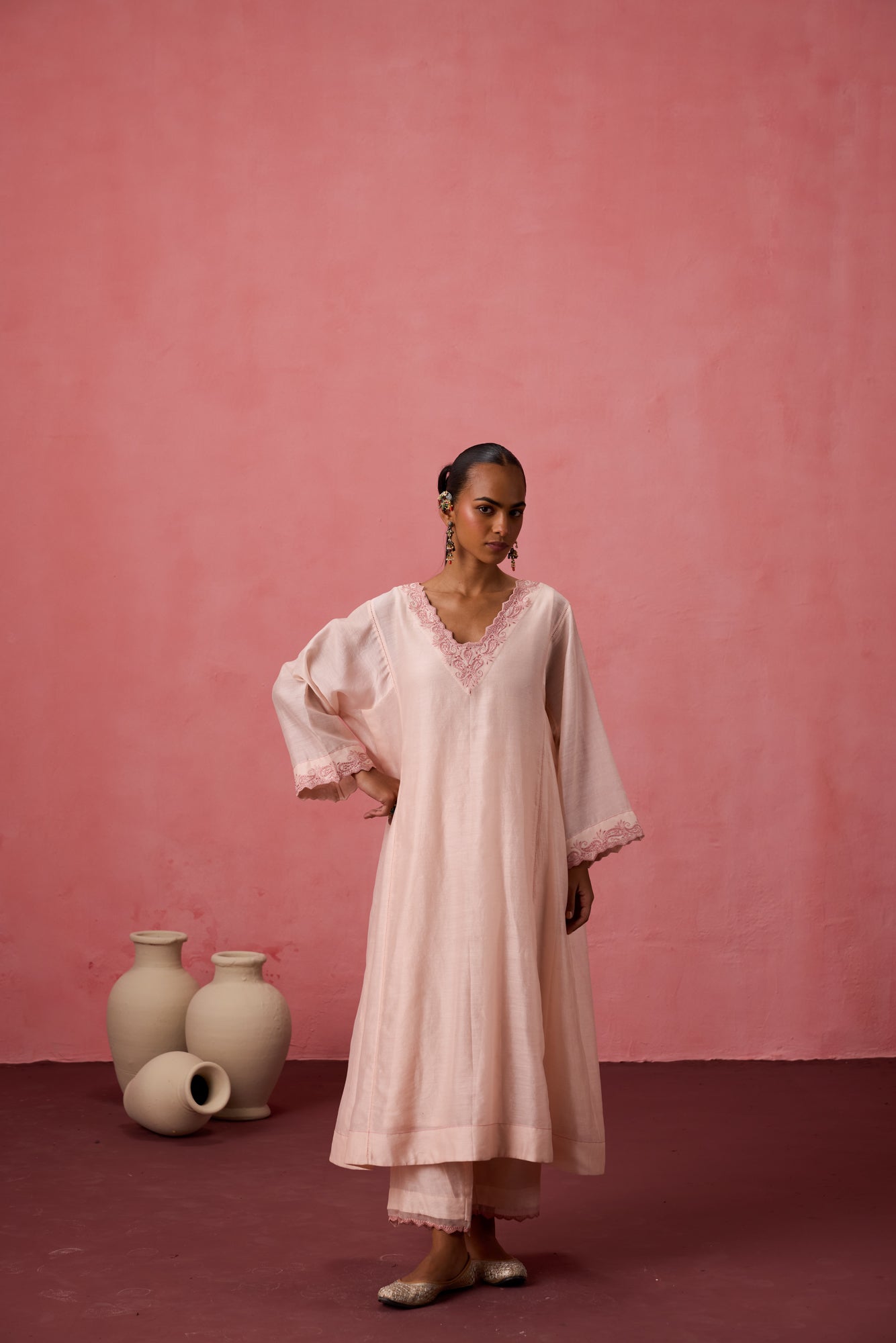 Cozy peach chanderi floral resham embroidered kurta paired with organic cotton slip, pant & organza dupatta