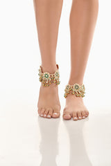 Green and White Kundan Anklets