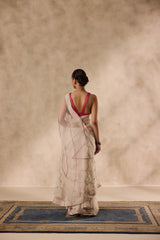 Ivory organza french knot jaal & paisley work saree comes with unstitched & unembroidered blouse fabric in chanderi