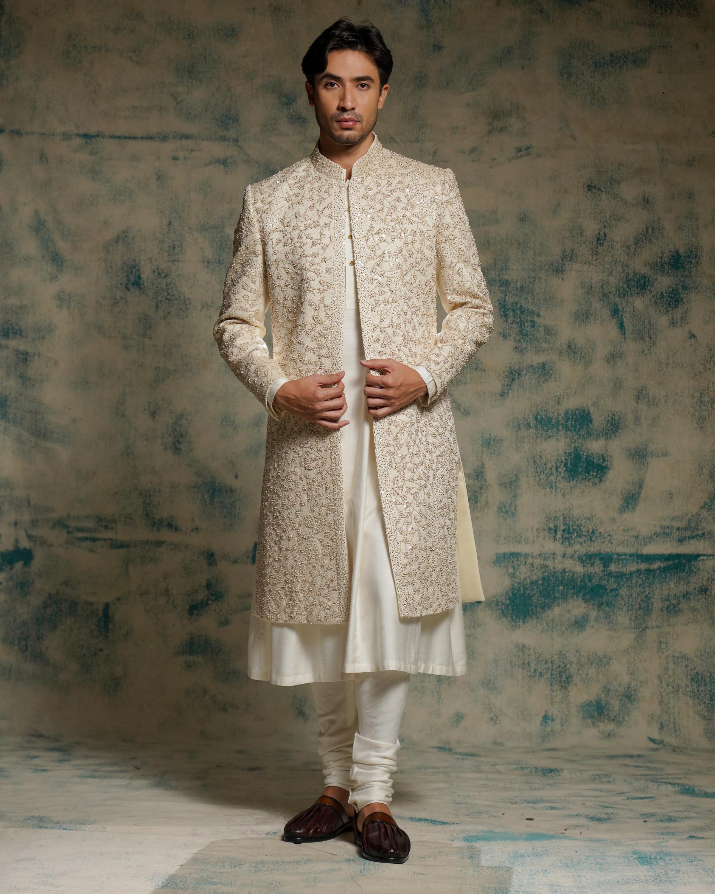 Ivory embriodered pearl open sherwani set