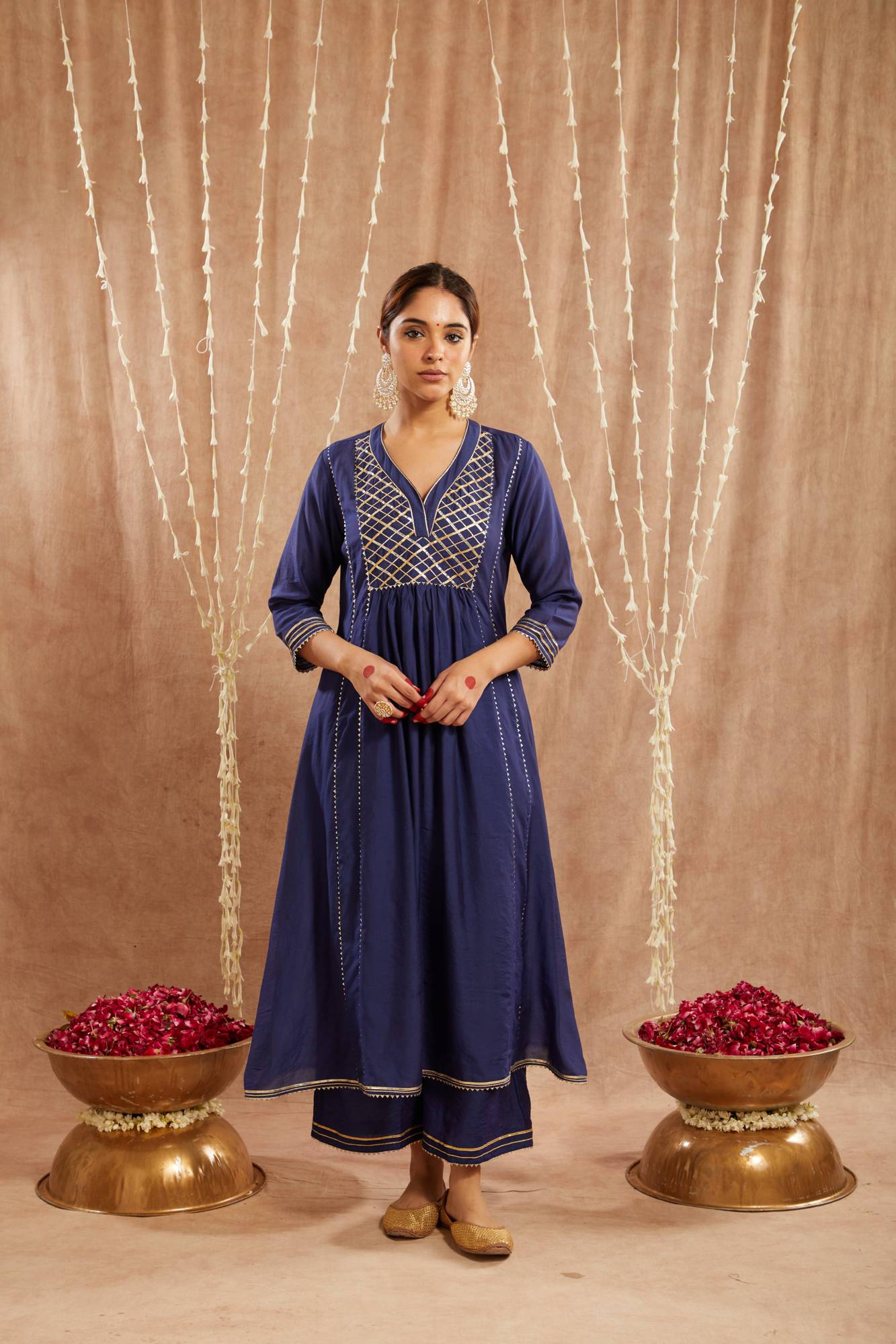 Royal Blue Gota Chanderi Kurta with 
Wide Leg Pants