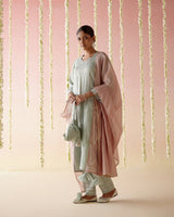 Mint Daisy Tissue Kurta with 
Narrow Pants & Dupatta - Set of 3