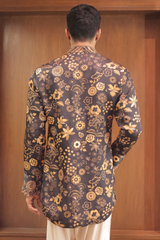 Black Printed Satin Linen Kurta