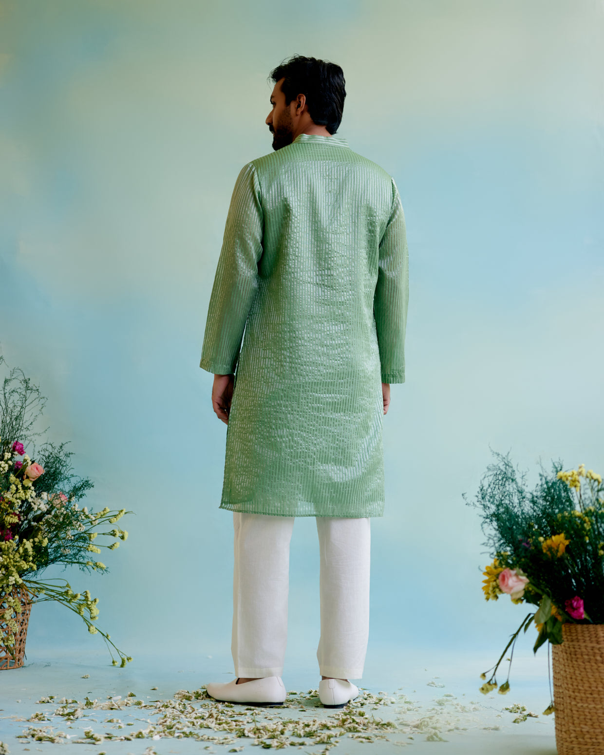 Mint Meadow Crushed Stripe Tissue Kurta