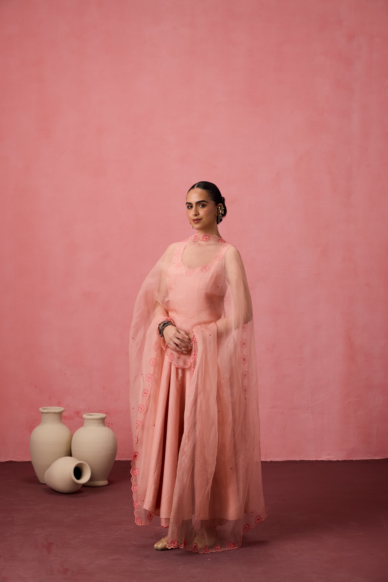 Peach cotton silk resham embroidered anarkali with pant & organza dupatta