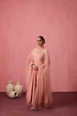 Peach cotton silk resham embroidered anarkali with pant & organza dupatta