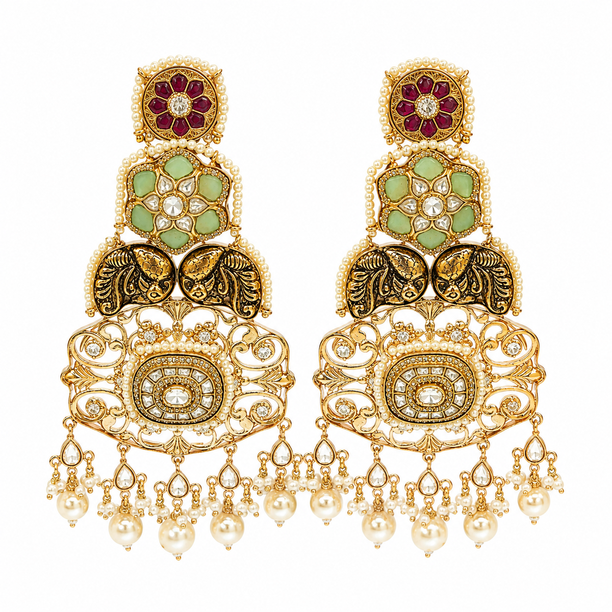 Multicolour Kundan Pearl Statement Earrings