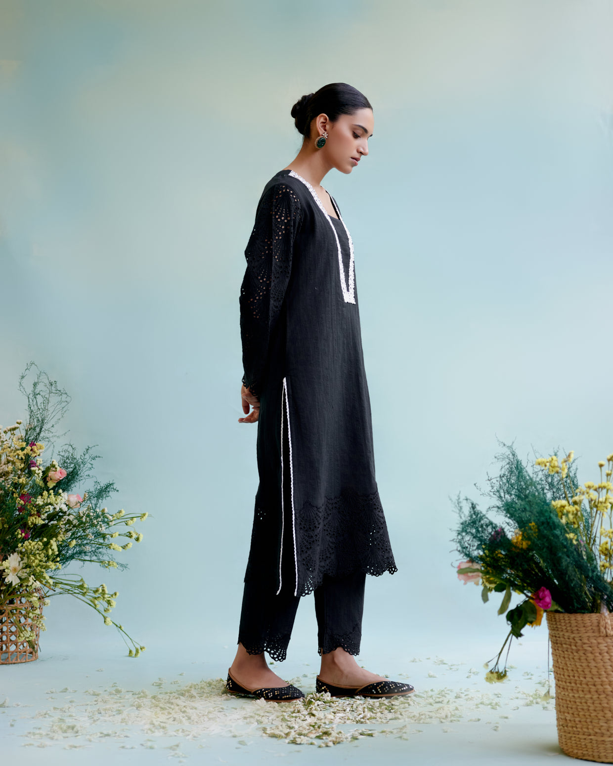 Black Blossom Kurta in Cotton Dobby with Lace Detaling and Scallop Sleeves with Narrow Pants