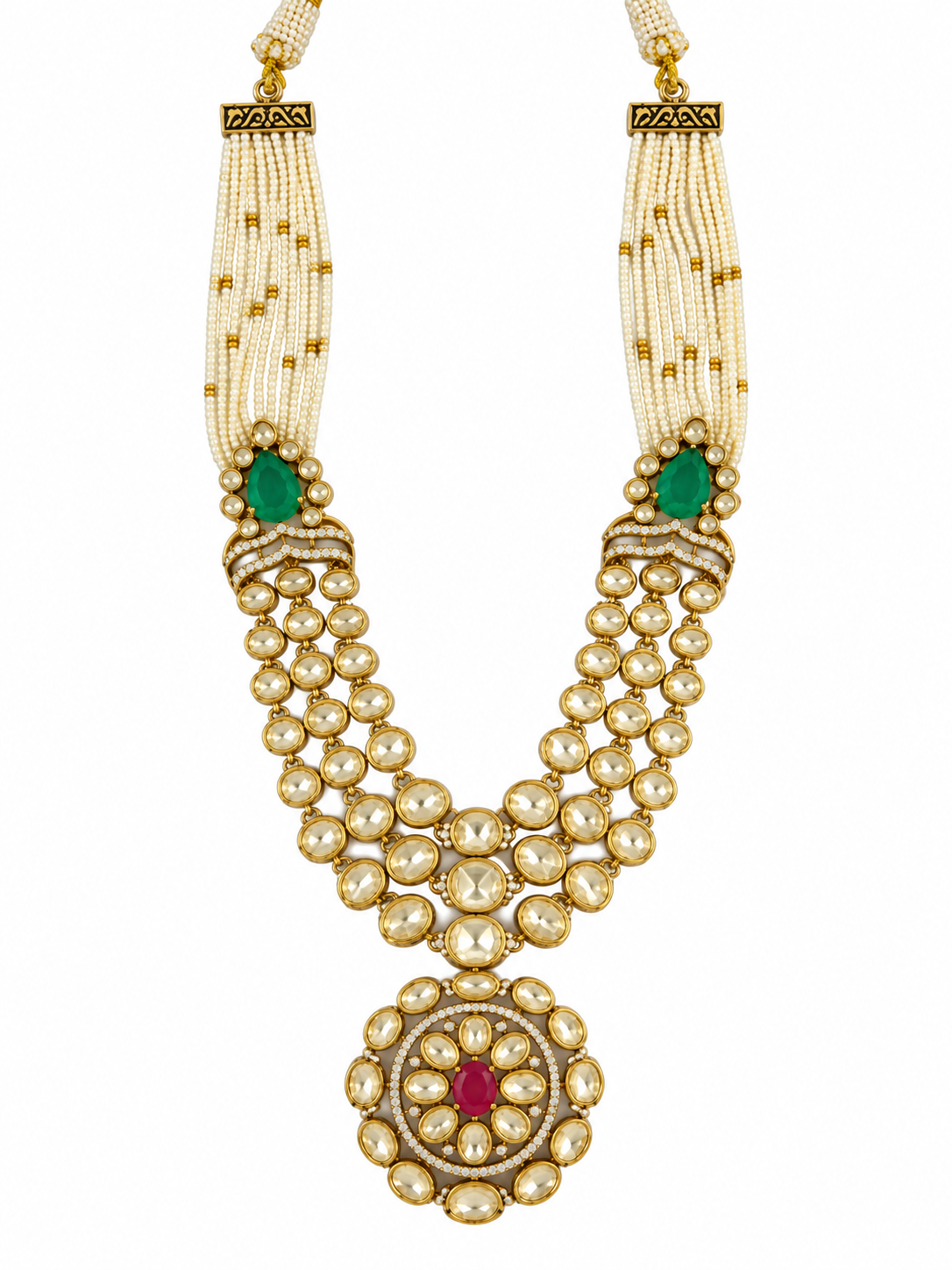 Emerald and Ruby Moissanite Polki Pearl Necklace Set