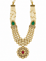 Emerald and Ruby Moissanite Polki Pearl Necklace Set