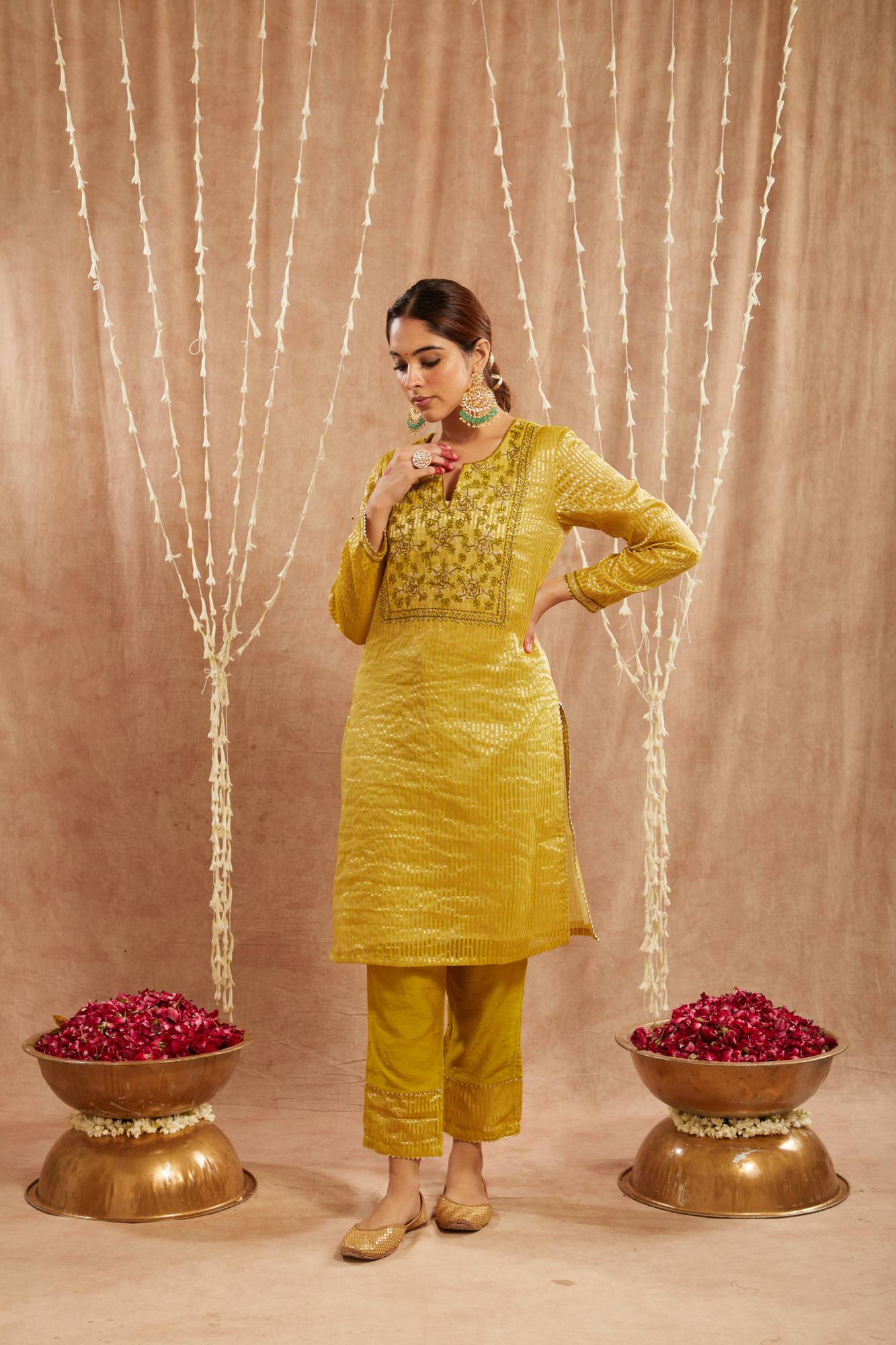 Olive Green Embroidered Kurta with 
Narrow Pants