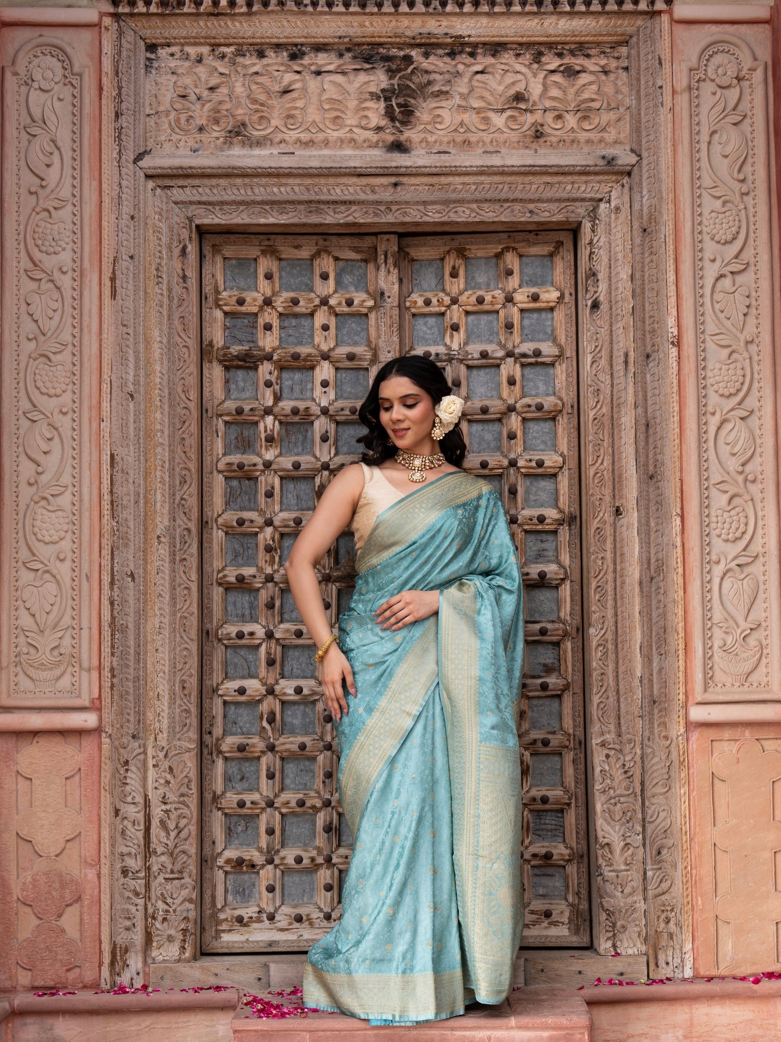 Powder Blue Pure Katan Silk Banarasi Handloom Saree