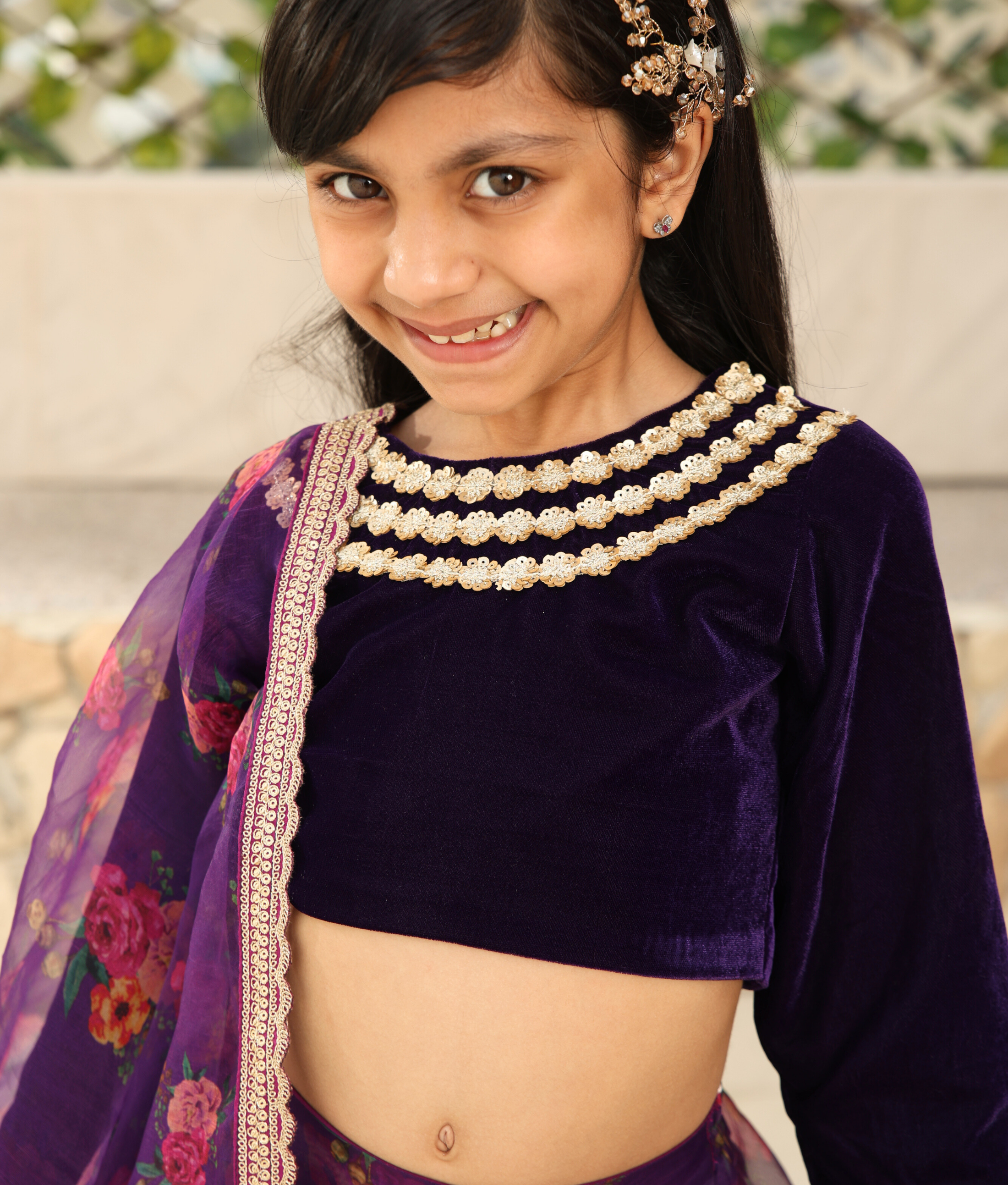 Purple Velvet Choli with Printed Lehenga