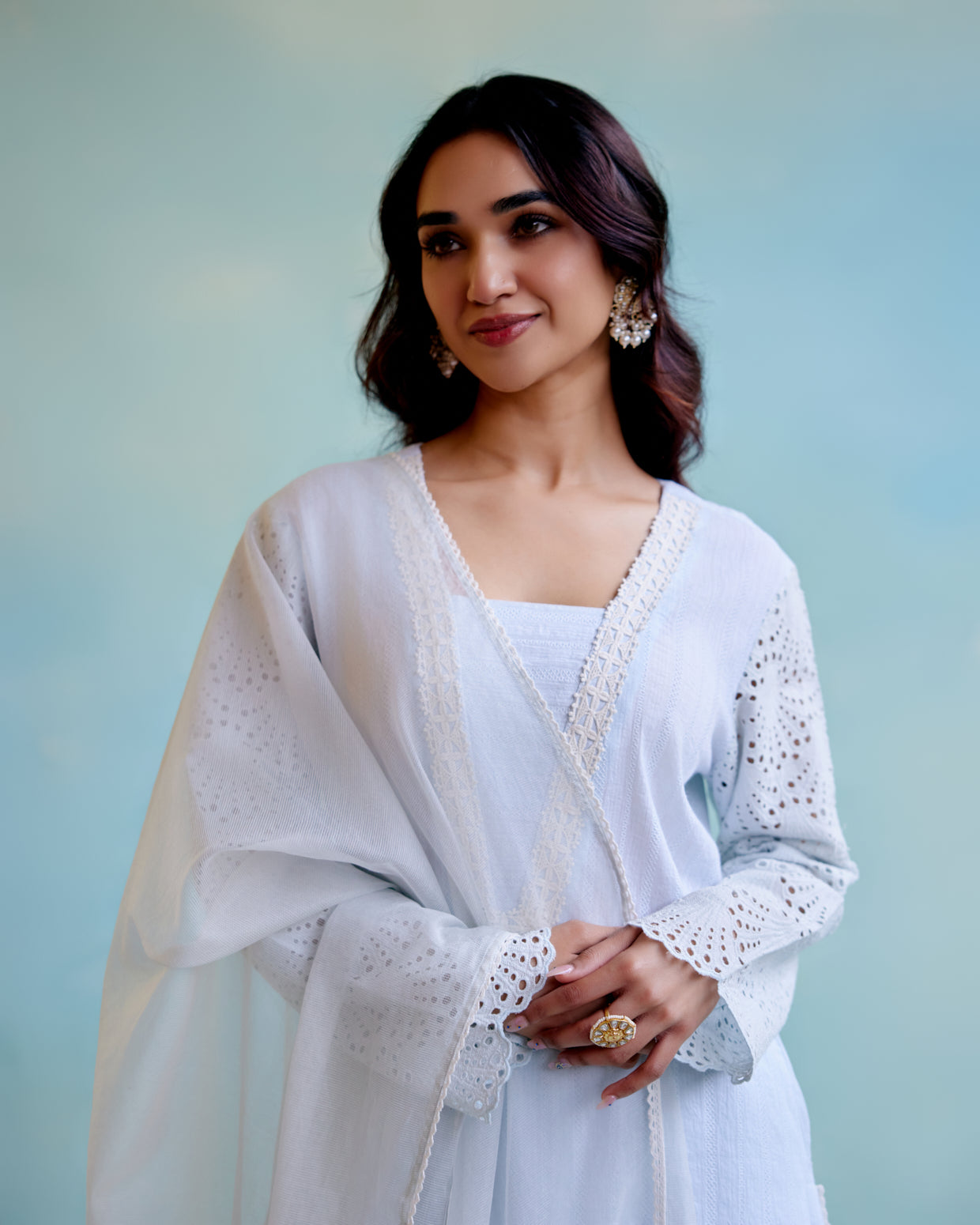 Periwinkle Blue Kurta in Cotton Dobby with Lace Detaling and Scallop Sleeves with Narrow Pants