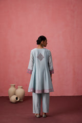 Sky blue chanderi dori work  floral and french knot embroidered kurta paired with pant & organza dupatta