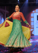 Ghungroo Green and Red Hand Embroidered Silk Anarkali with Hand-Embellished Dupatta