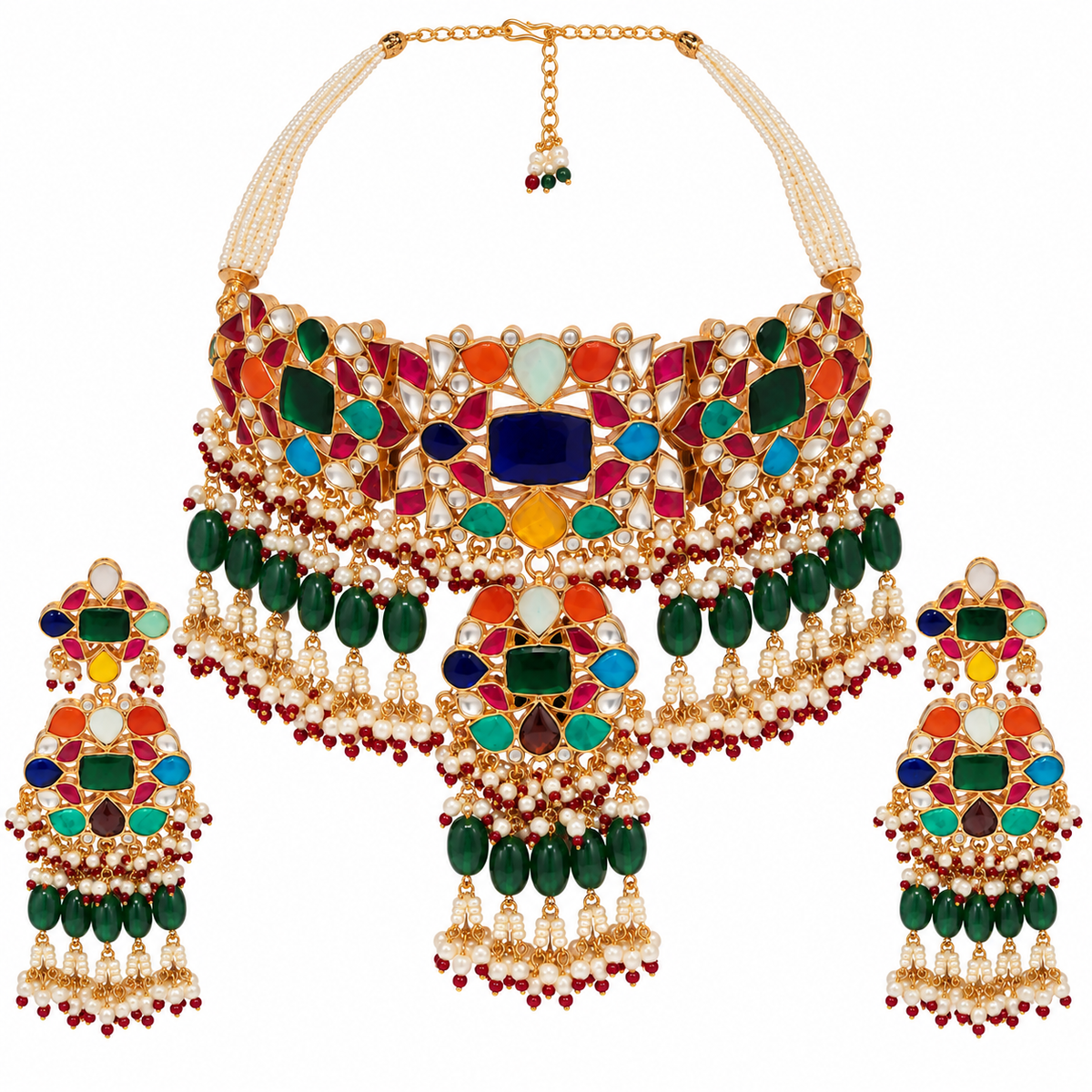 Multicolor Kundan Pearl Choker Necklace Set 25