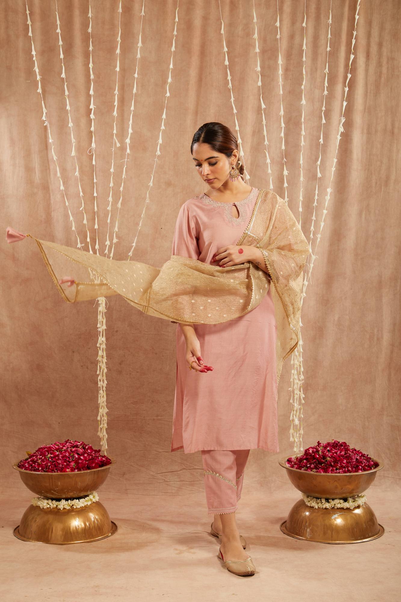 Peach Dori Chanderi Kurta with Narrow Pants