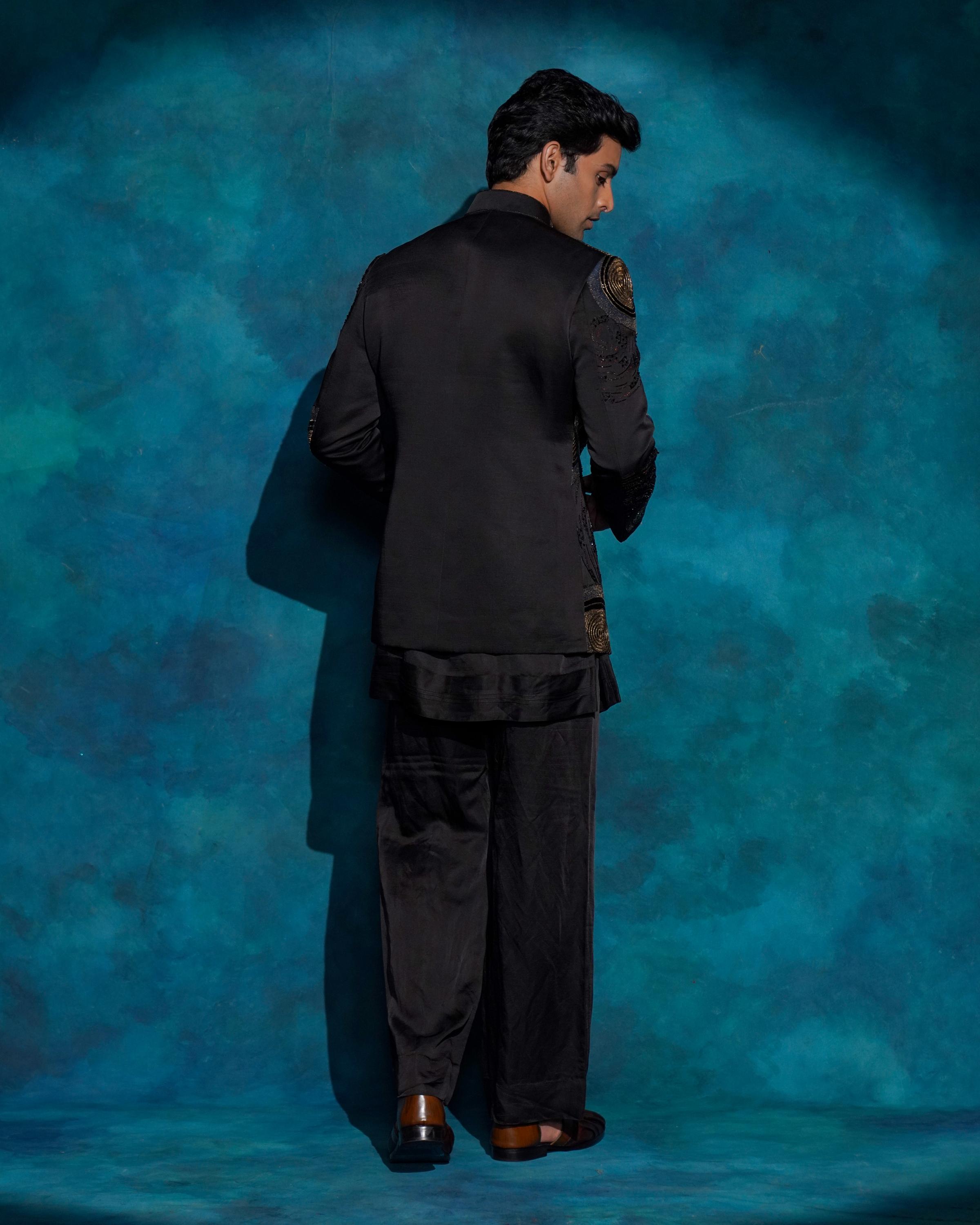 Black hand embroidered open bandhgala set