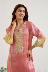 Red Lotus Applique Tissue Kurta with Narrow Pants - Set of 2