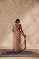 Rose gold organza heavy cutwork border embroidered saree comes with unstitched & unembroidered blouse fabric in chanderi