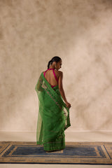 Green organza embroidered saree comes with unstitched & unembroidered blouse fabric in chanderi