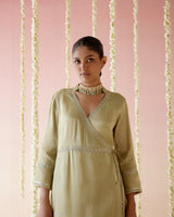 Moss Green Tissue Angarakha with Narrow Pants & Dupatta set  - Set of 3