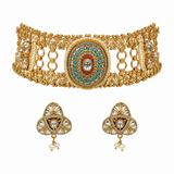 Multicoloured Handcrafted Jadau Kundan Choker Set with Pearl Accents