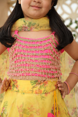 Yellow Tassel Choli with Printed Lehenga