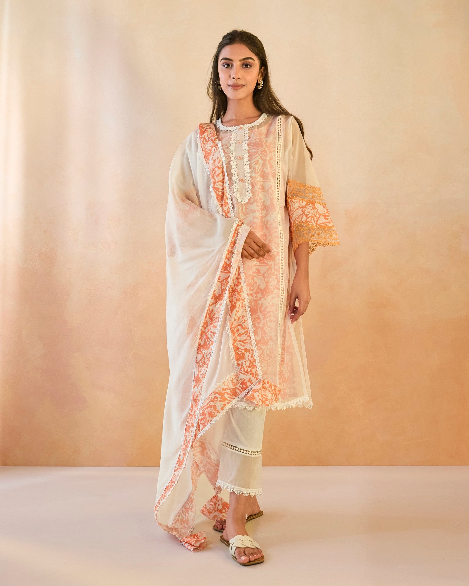 Orange Floral Embroidered Organza Slip Kurta with Narrow Pants