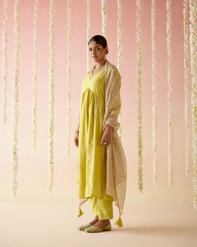 Lilly Lime Chanderi Kurta with 
Narrow Pants & Dupatta - Set of 3