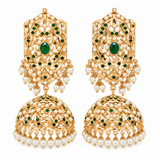 Emerald Green Jadau Pearl Jhumka Earrings