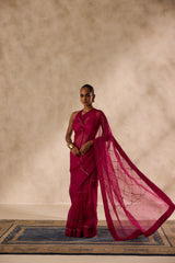Wine organza jaal embroidred saree comes with unstitched & unembroidered blouse fabric in chanderi