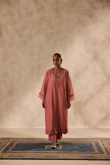 Peach chanderi heavy neckline resham embroidred kurta paired with organic cotton slip,pant & heavy border dupatta