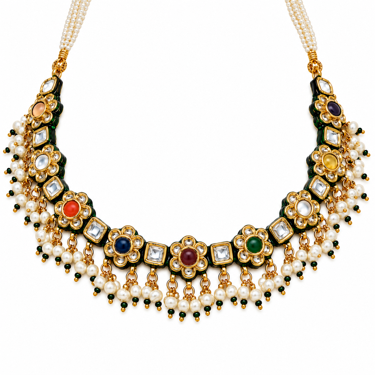 Navratna Kundan Floral Necklace Earring Set