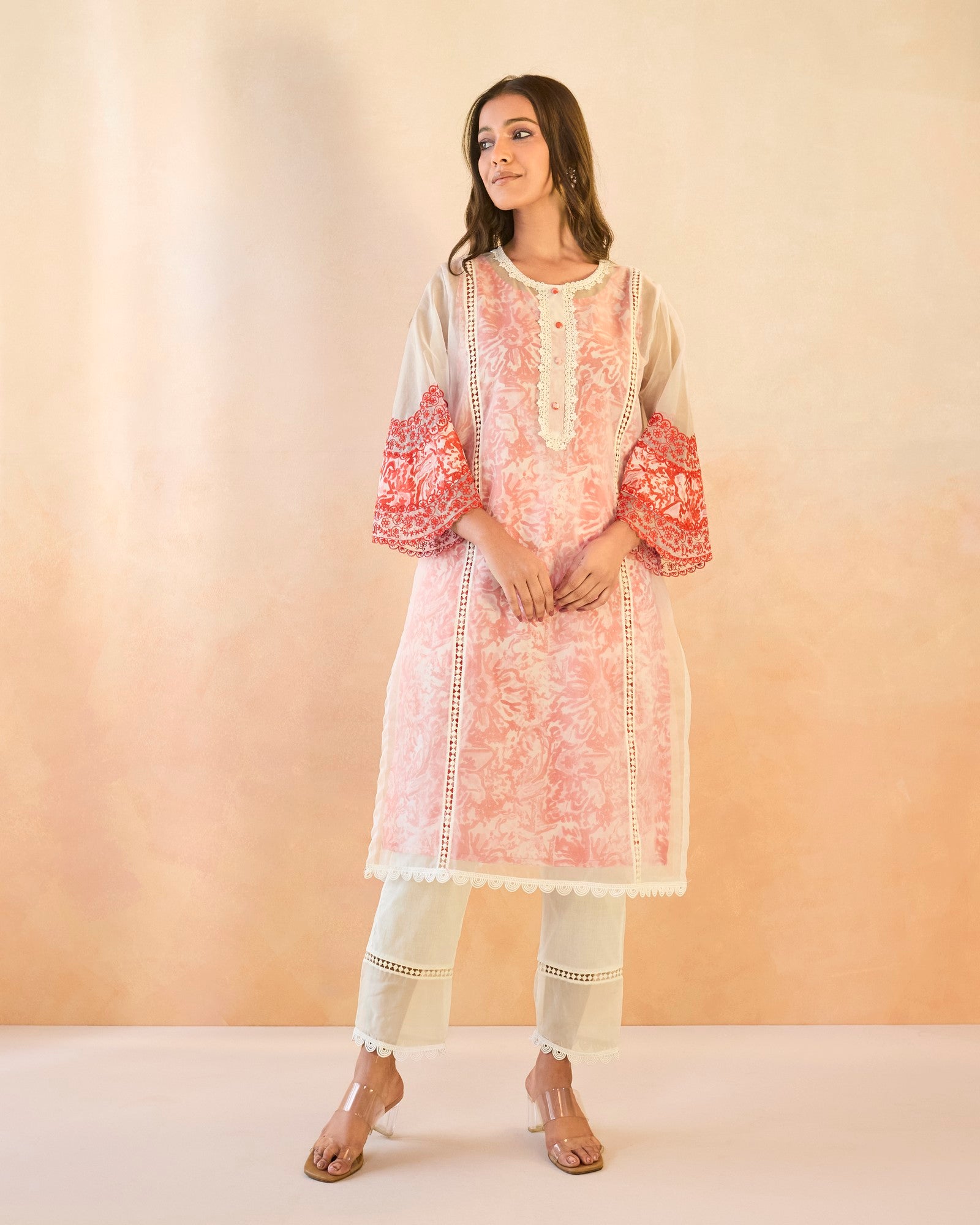 Rose Floral Embroidered Organza Slip Kurta with Narrow Pants