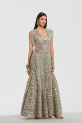 Mirror work , pearl beads, zari , sequins ,gota